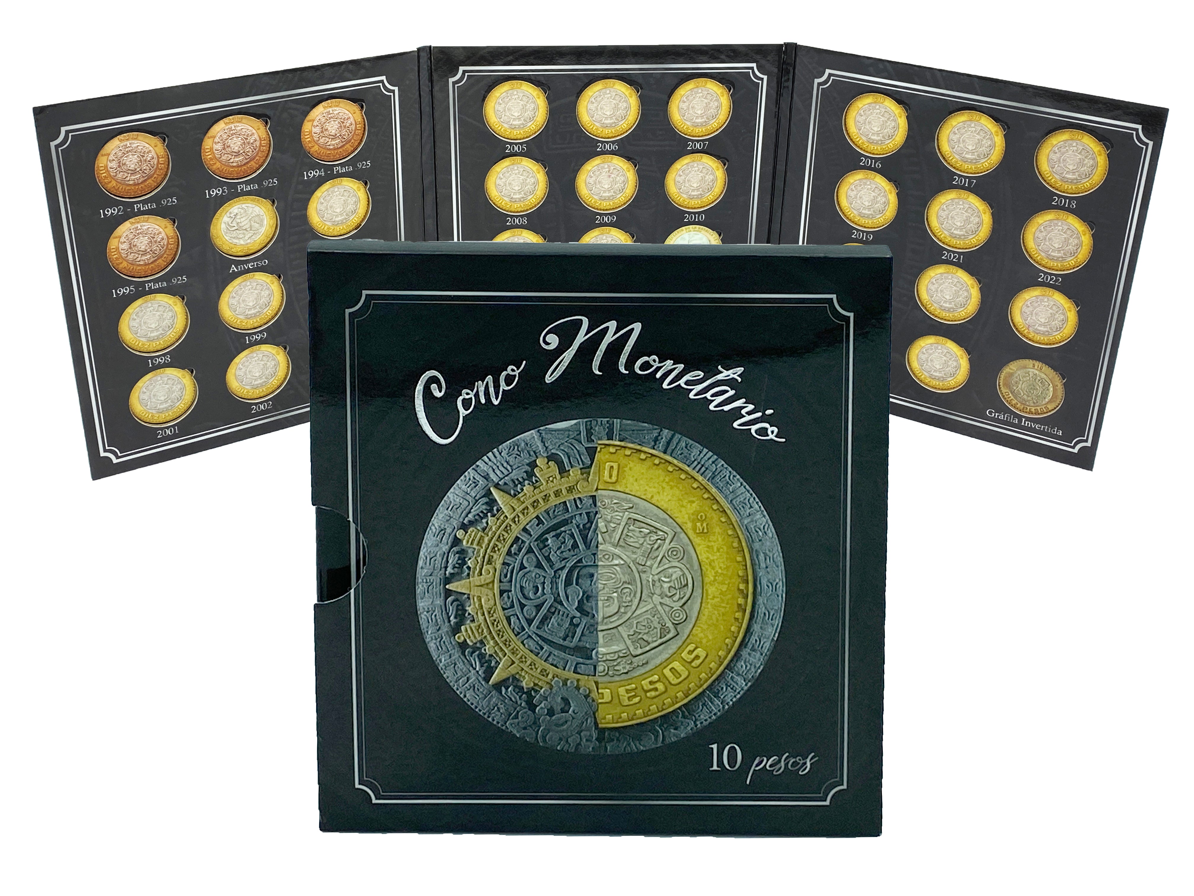 Álbum tríptico para coleccionar monedas de 10 pesos mexicanos, con imágenes de la piedra del sol y espacio para monedas de 1992 a 2027.  Con espacio para hasta 35 monedas, ideal para coleccionistas mexicanos Álbum tríptico para coleccionar monedas de 10 pesos mexicanos, con imágenes de la piedra del sol y espacio para monedas de 1992 a 2027.  Con espacio para hasta 35 monedas, ideal para coleccionistas mexicanos